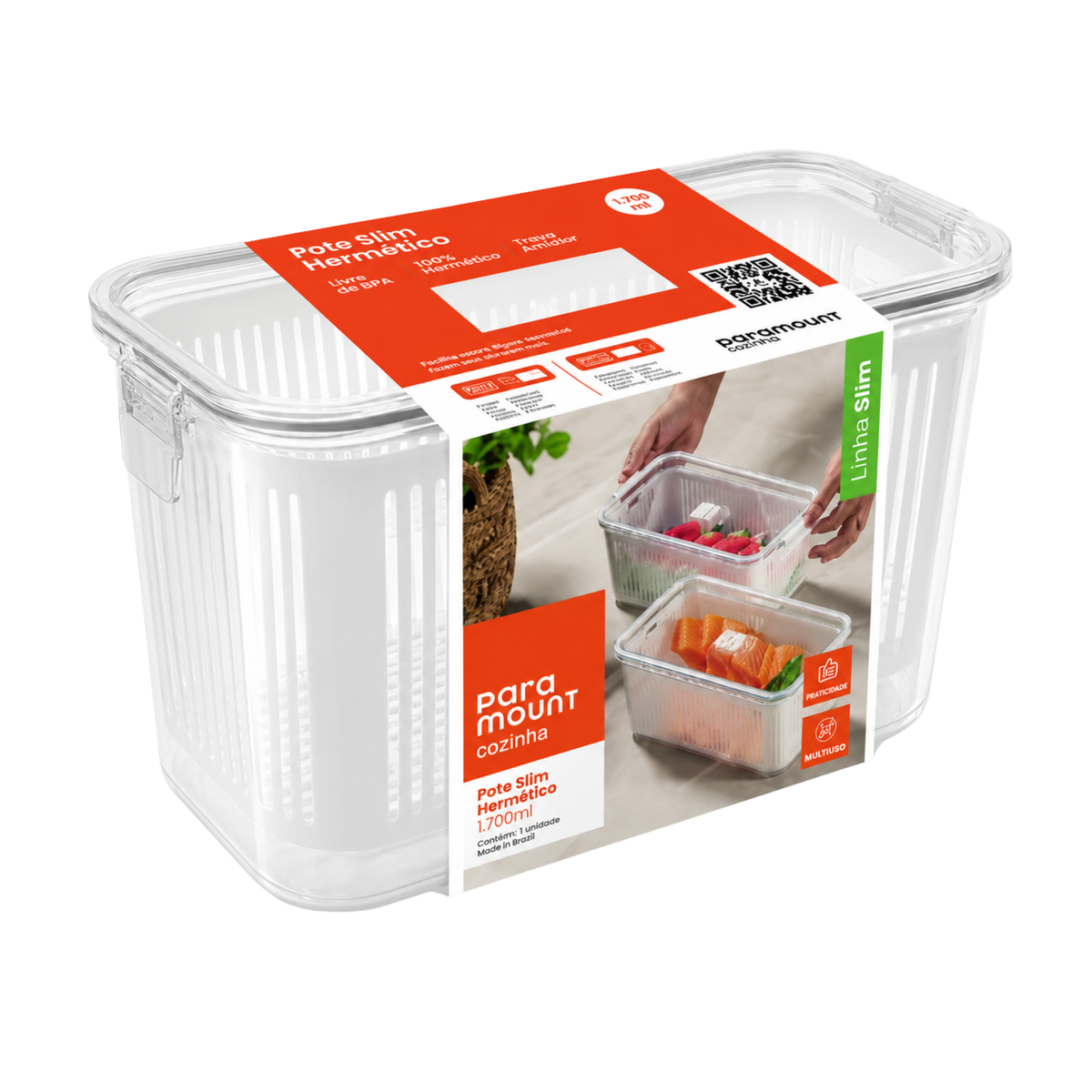 POTE SLIM HERMÉTICO 1.700 ML C/ CESTO DE DRENAGEM PARAMOUNT